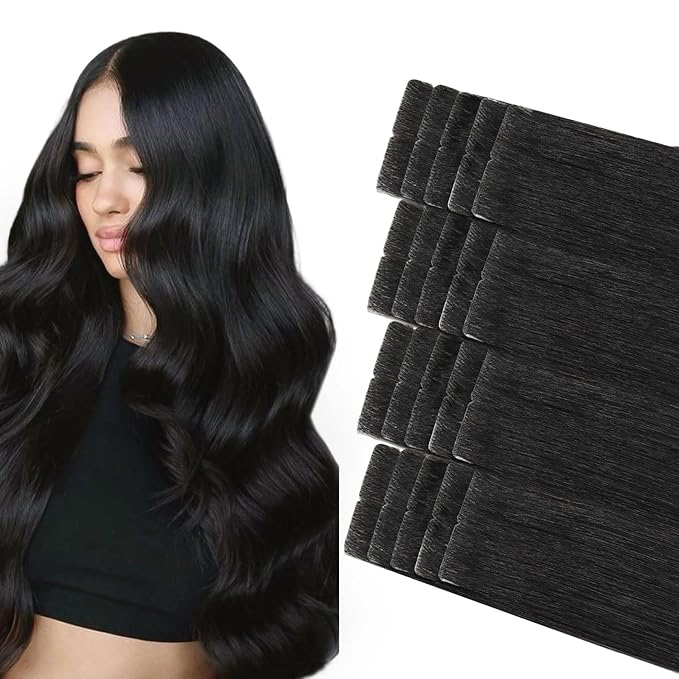 COOKAYU Invisi Edge Tape in Extensions Human Hair, Natural Black Seamless Injected Tape Ins Remy Hair 16Inch 35g 20pcs Straight Extensions Silky Smooth