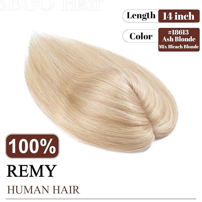 SEGO Real Human Hair Topper for Women, No Bangs Hair Topper with Anti-Slip Clips (12 Inch#18P613 Ash Blonde & Bleach Blonde)