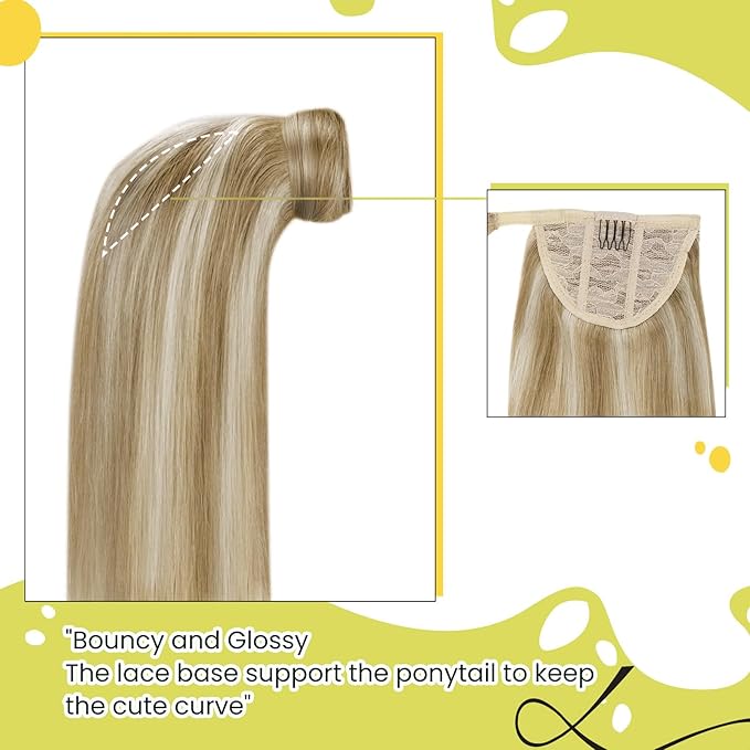 RUNATURE Ponytail Extension Human Hair Blonde, Real Hair Ponytail Extension, Human Hair Ponytail Wrap Around, Remy Natural Hair Tangle Free, 18 Inch 80g #16P22 Dark Ash Blonde Highlight Light Blonde