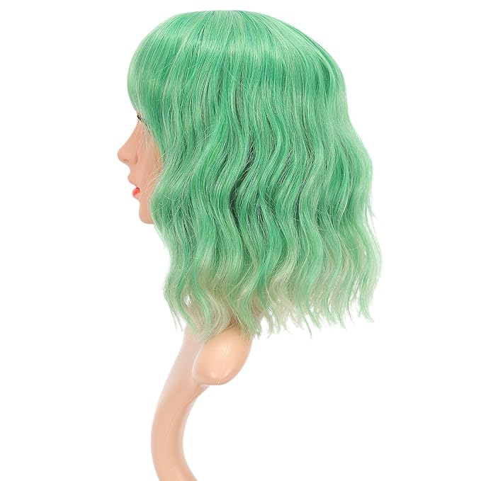 FAELBATY Green Wig Short Bob Wigs With Air Bangs Shoulder Length Wig For Women Curly Wavy Synthetic Cosplay Wig for Girl Costume Wigs (12" green color)
