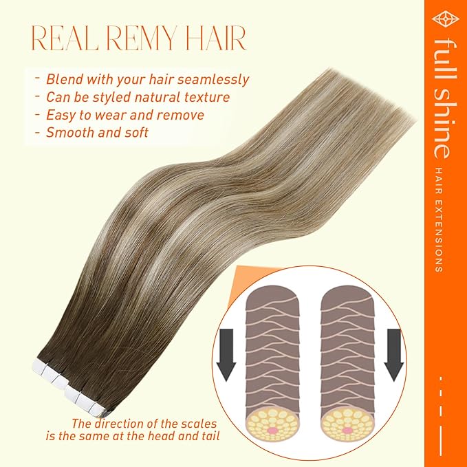 Full Shine Tape in Hair Extensions Human Hair Color 3 Ombre 8 and 22 Blonde Highlighted Balayage Tape Hair Extensions Seamless Skin Weft Tape in Extensions 24Inch Adhesive Hair Extensions 50G 20Pcs
