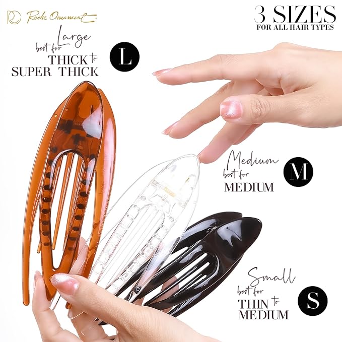 RC ROCHE 6 Pcs Flat Hair Clips Big Claw for Thick Hair French Duckbill Women No Slip Side Slide Curved Alligator Concord Strong Grip Hold Volume Lay Down Clamp, Medium Black