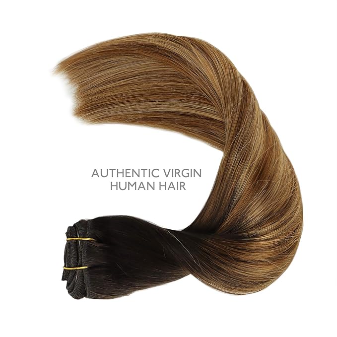 WENNALIFE Clip in Hair Extensions Real Human Hair, 22 Inch 120g 7pcs Dark Brown to Chestnut Brown and Dirty Blonde Highlighted Clip In Human Hair Remy Clip in Hair Extensions Double Weft