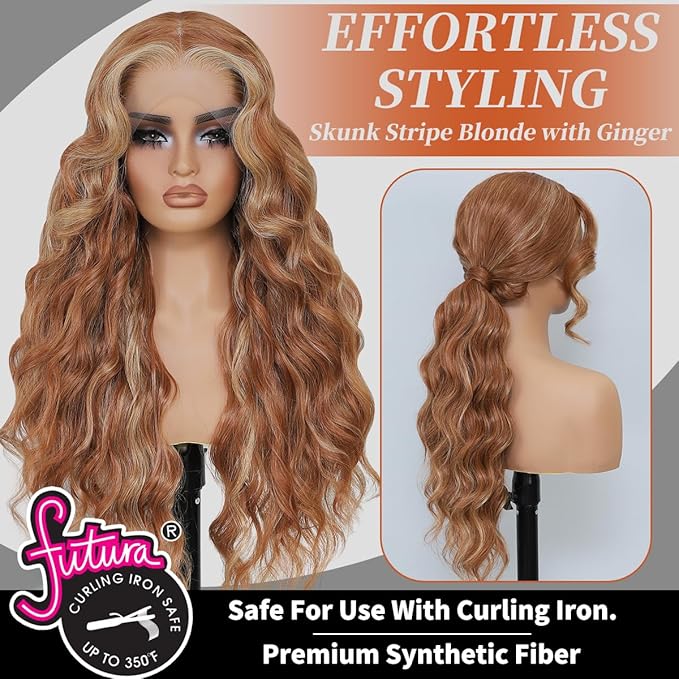 Synthetic Lace Front Wigs Pre Plucked Long Wavy 13x4 HD Lace Ginger Blonde Skunk Stripe Wig 100% Futura Premium Lace Wigs For Black Women 26 Inch Ready to Wear Daily Party Use