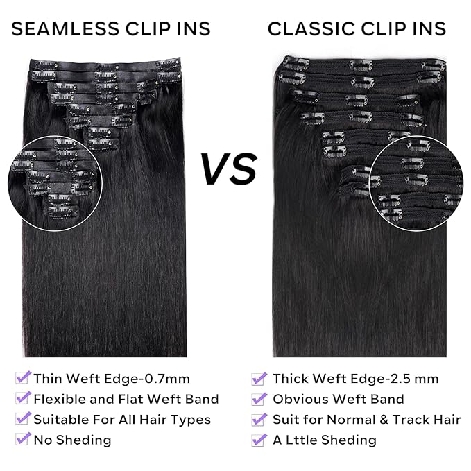 Seamless Clip in Hair Extensions Real Human Hair, Straight Remy Human Hair Clip in Extensions, Natural Soft Human Hair, PU Skin Weft, 8Pcs 120g, 30inch #1B Natural Black
