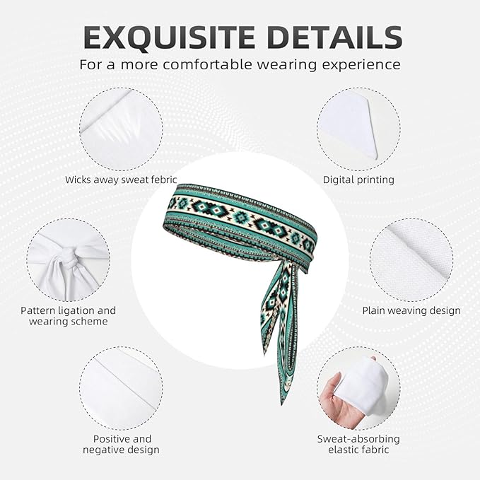 Men Women Beauty Skinny Sports Sweatbands Head Accessories for Running Fitness Shower, Long Multi Style Teal Turquoise Tribal Navajo Aztec Geometric Ethnic Pattern Head Ribbon Headwear