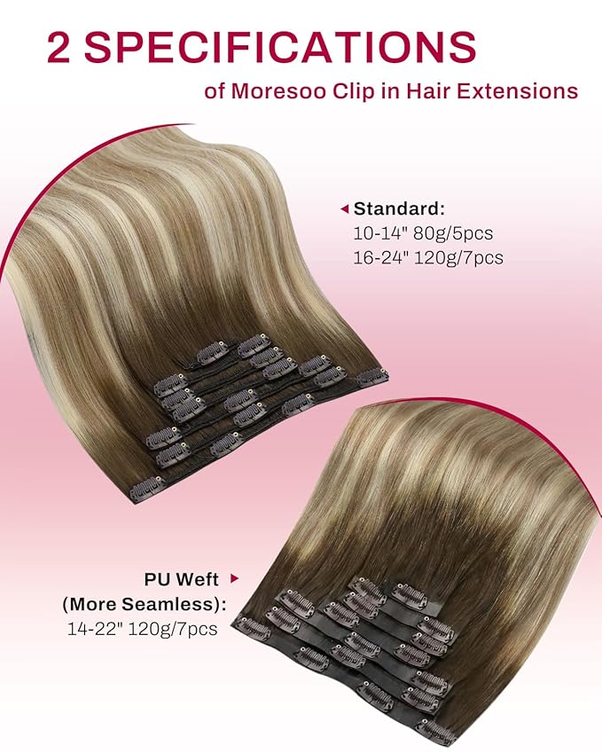 Moresoo Clip in Hair Extensions Remy Double Weft Human Hair Clip in Extensions Balayage Straight Hair Extensions for Women Ombre Brown to Light Brown with Blonde 5pcs 80g 10inch