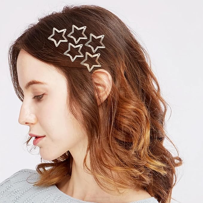 Star Hair Clips 2000s Y2K Snap Hair Barrettes Non Slip Star Hair Accessories Silver Metal Hair Clips for Girls Women -15 PCS 1.57"