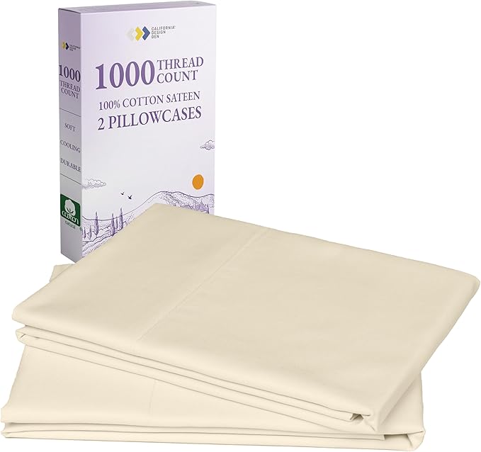 California Design Den Pillow Covers Queen Size Set of 2-1000 Thread Count Sateen, Soft & Thick 100% Cotton Pillowcases Standard/Queen - Ivory (Creamy Beige Tone)