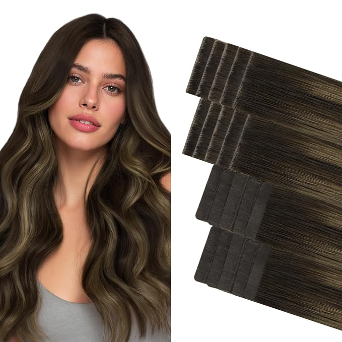 GOO GOO Invisi Edge Tape in Hair Extensions Human Hair, 2/6/2 Balayage Dark Brown to Chestnut Brown 10pcs injected with 10pcs classical tape ins, 16inch 50g, Virgin Remy Hair, Natural Look