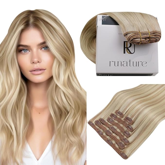 RUNATURE Blonde Clip in Hair Extensions Real Human Hair 22 Inch Real Hair Extensions Clip Ins Blonde Human Hair Clip in Extensions with Highlight #18P60 120g 7pcs