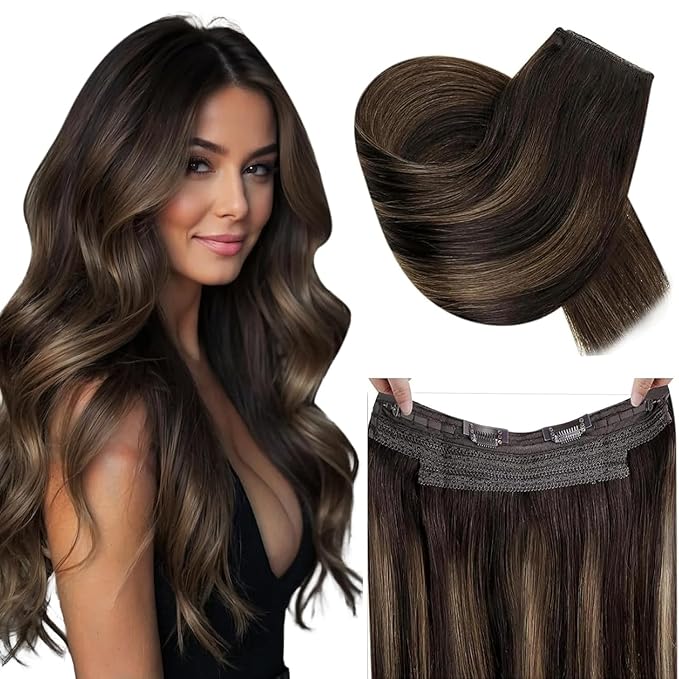 RUNATURE Invisible Wire Hair Extensions Real Human Hair, Balayage Human Hiar Extensions with Transparent Headband Fish Line Extensions, Soft Remy Hair for Women, One Piece 14 Inch 70g #2/2/6