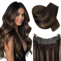 RUNATURE Invisible Wire Hair Extensions Real Human Hair, Balayage Human Hiar Extensions with Transparent Headband Fish Line Extensions, Soft Remy Hair for Women, One Piece 14 Inch 70g #2/2/6