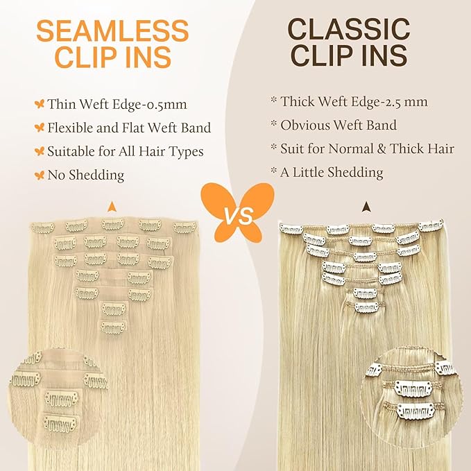 DOORES Clip-in Real Human Hair Extensions, Bleach Blonde 22 Inch 7pcs 110g, Invisi Edge Seamless Clip-ins, Remy Straight Natural Long Hair