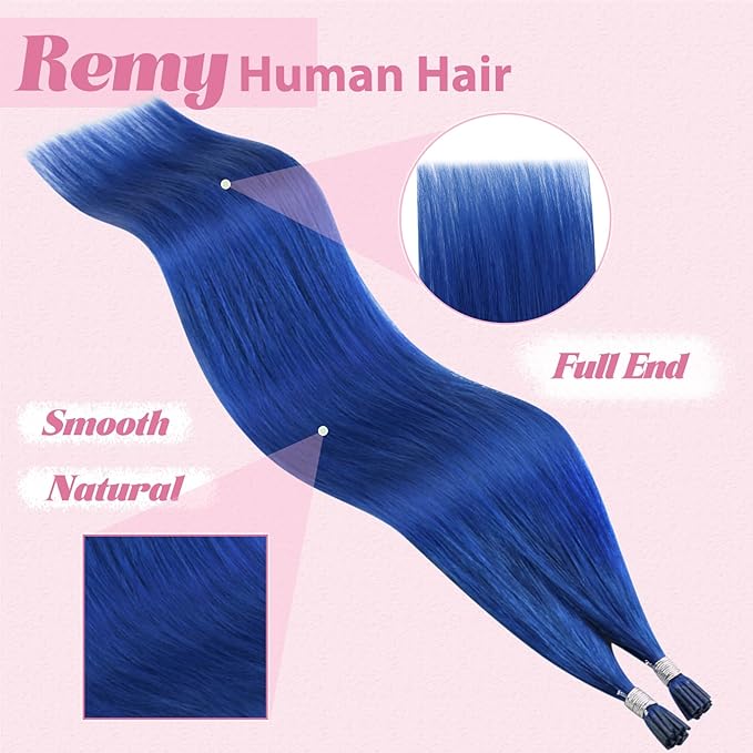 YoungSee I Tip Hair Extensions Blue 24 Inch Human Hair I Tip Extensions Blue Long Hair Color Itip Hair Extensions Soft and Silky for Girls Diy Your Hairstyle 25s 25g