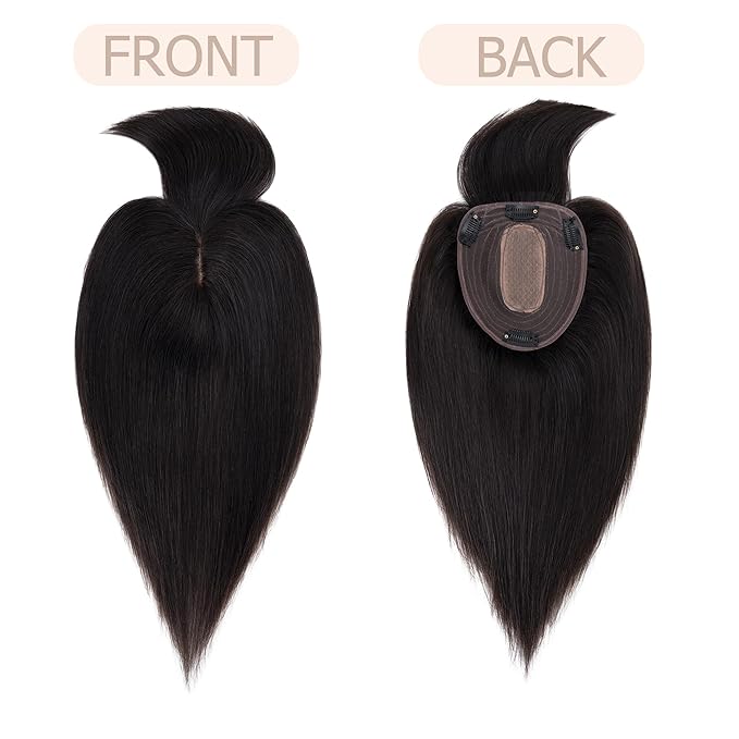 Hair Toppers for Women Real Human Hair With Bangs, 13 * 15 cm Larger Silk Base 150% Density Clip In Topper Hairpieces, Wiglet Top Pieces Add Volume -10 Inch 01B Natural Black