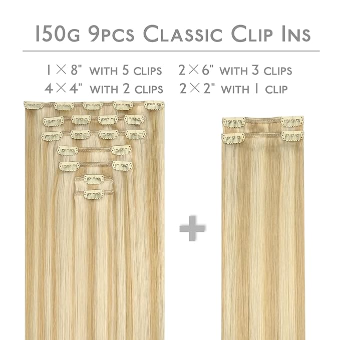 WENNALIFE Clip in Hair Extensions, 150g 14 Inch 9pcs Light Blonde Highlighted Golden Blonde Human Hair Extensions Thicker Real Human Hair Clip Set Double Weft