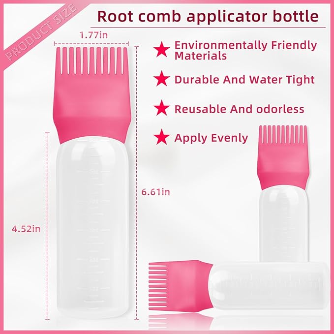 BLAAROOM Root Comb Applicator Bottle 6 Ounce, 4 Pack Hair Oil Applicator Bottle, Hair Dye Bottle Applicator Tools with Hair Oil Dispenser Root Comb Brush for Hair Oiling Applicator - Dark Pink