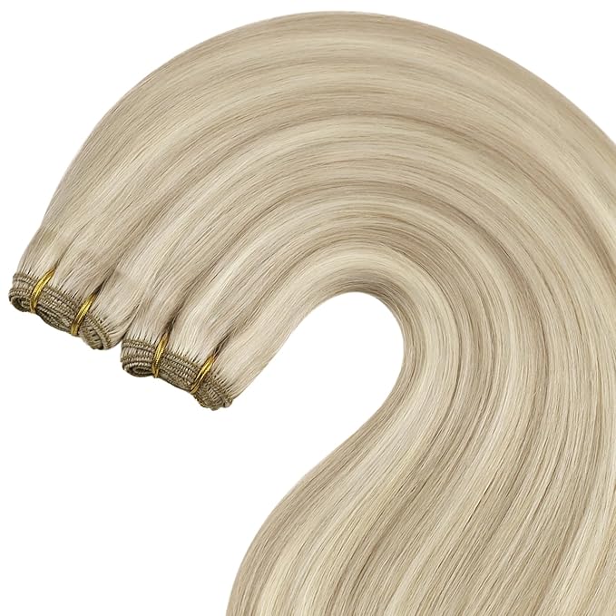 YoungSee Blonde Hair Extensions Weft Highlights Warm Ash Blond Mix Bleach Blonde Weft Extensions Human Hair Dyable Sew in Hair Extensions Real Human Hair for DIY 20Inch 100G