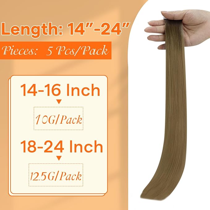 Full Shine Virgin Tape in Hair Extensions Human Hair Ombre Color R3 Dark Brown to 8 Light Brown Hair Extensions Invisible Machine Remy Double Sided Tape in Extensions 10Gram 5Pcs 14Inch for Half Updo
