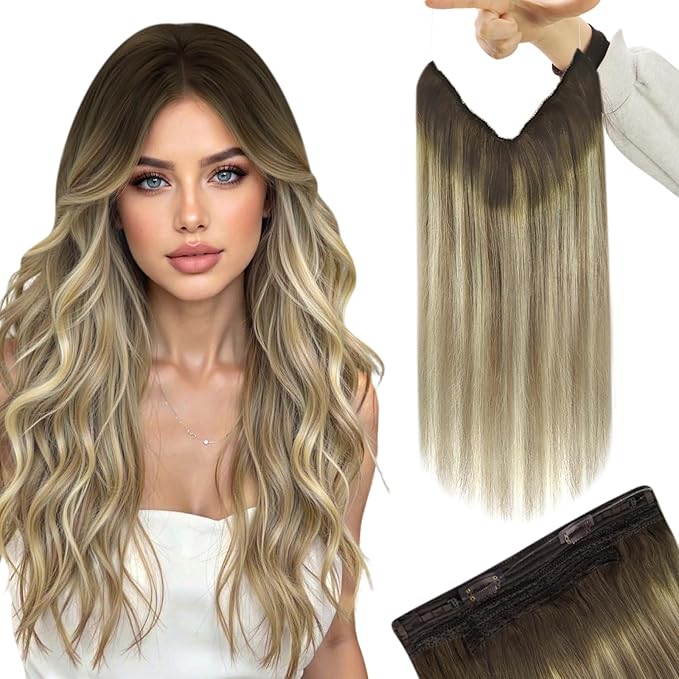 YoungSee Invisible Wire Hair Extensions Brown Balayage Human Hair Wire Extensions Walnut Brown Ombre Blonde Highlights One Piece Hair Extensions Heat-Stylable Straight Hair 16inch 80g