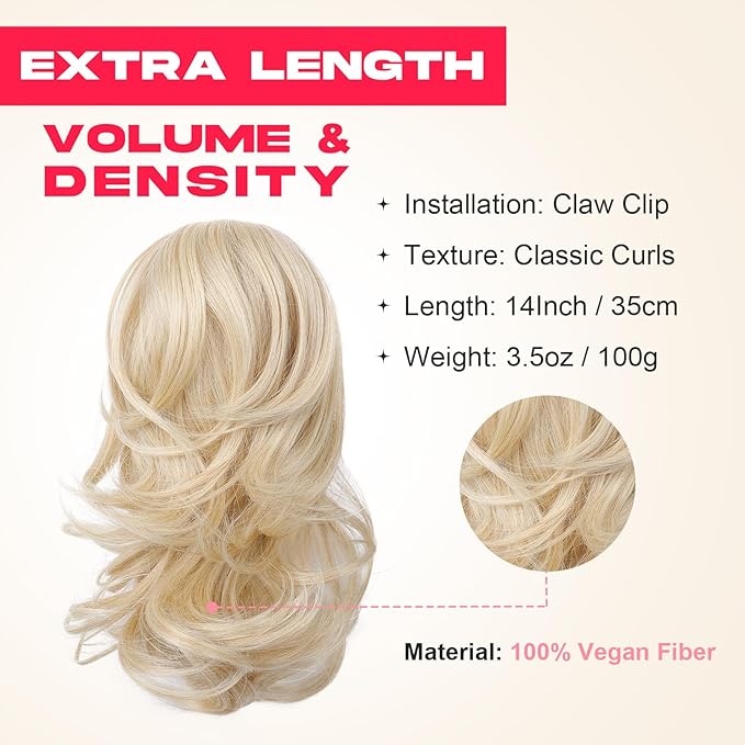 Ponytail Extension - 14" Claw Clip in Ponytail Hair Extensions Natural Soft Synthetic Layered Wavy Pony Tail Hair Pieces for Women - Natural Blonde with Highlights