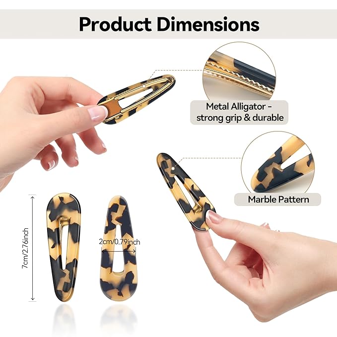 Hair Clips for Women, Duck Billed Alligator Clips Cellulose Acetate, No Crease Flat Hair Barrettes for Bangs Thick/Thin/Long/Curly Hair, Marble Tortoise Hair Styling Accessories (Black)
