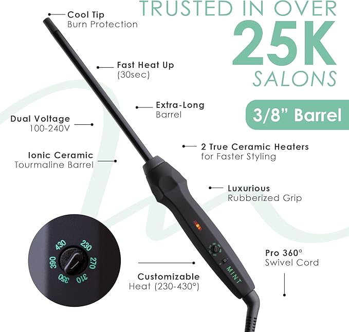 MINT Professional Clamp-Free Curling Wand 3/8 Inch for Long Hair | Extra Long Curl Wand 4-Heater Ionic Ceramic Tourmaline Barrel | Best Curling Wands | Adjustable 230-430°F | Worldwide Dual Voltage