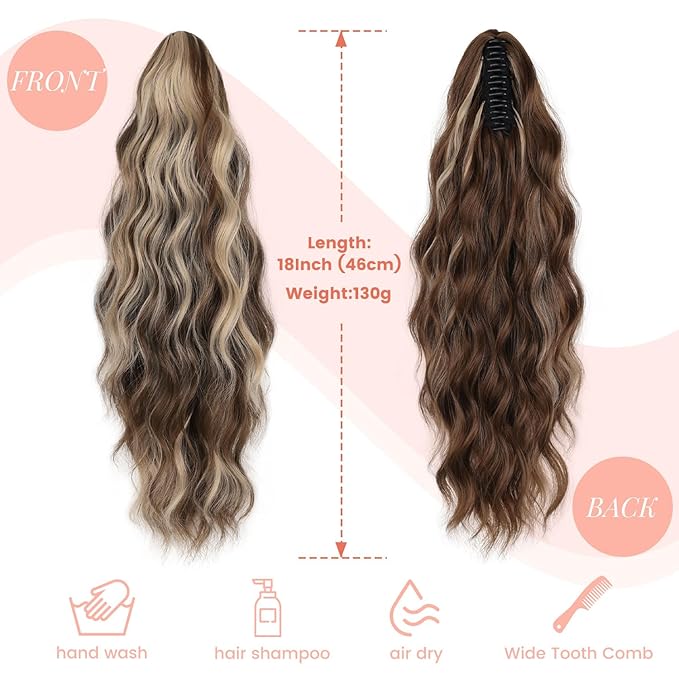 18 Inch Ponytail Extension for Women Claw Ponytail Extension Wavy in Fake Pony Tails Fake Hair Fluffy Natural Synthetic Hairpiece for Daily Use (Chestnut Brown Mixed Ash Blonde)