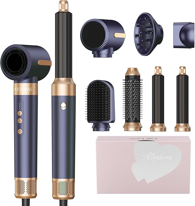 7 in 1 Blow Dryer Brush, Hair Dryer Hot Air Brush 110,000 RPM with Negative Ion Hair Styler for Fast Drying Straightening Curling Voluming (Grey)