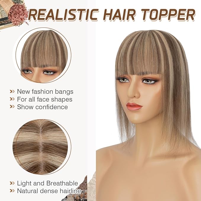 Rich Choices Real Human Hair Toppers for Women With Bang 100% Remy Human Hair Topper for Thinning Hair Clip in Silk Base Hair Topper 10 Inch #4P27 Medium Brown Mix Dark Blonde