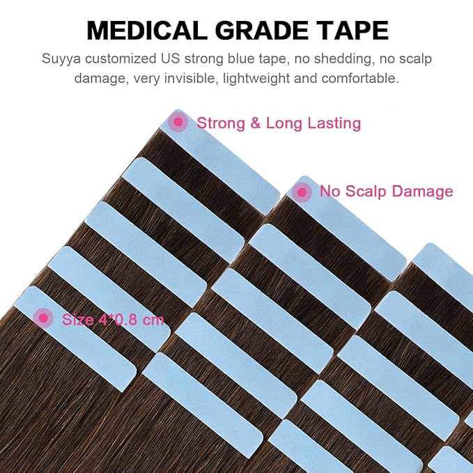 SUYYA Tape in Hair Extensions Human Hair Chocolate Brown 100% Real Human Hair 20pcs 40g/pack Straight Seamless Skin Weft Remy Tape Hair Extensions(12 inches #4 Dark Brown)
