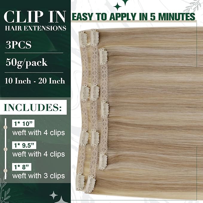 RUNATURE Clip in Hair Extensions Real Human Hair, Natural Hair Extensions Clip Ins, Remy Human Hair for Women Double Weft 18 Inch 50g 3pcs #16P22 Dark Ash Blonde Highlight Light Blonde