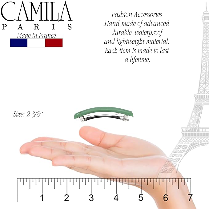 Camila Paris CP3448 French Hair Barrette Clip for Girls Green, Rubberized Metal Clasp Strong Hold Grip Hair Clips for Women, No Slip Durable and Styling Girls Hair Accessories, Made in France