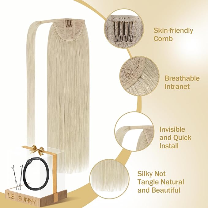 Ve Sunny Hair Extensions Ponytail Real Human Hair Wrap Around Clip in Ponytail Hair Extensions Straight Extensions Human Hair for Women White Platinum Blonde 14inch 80G