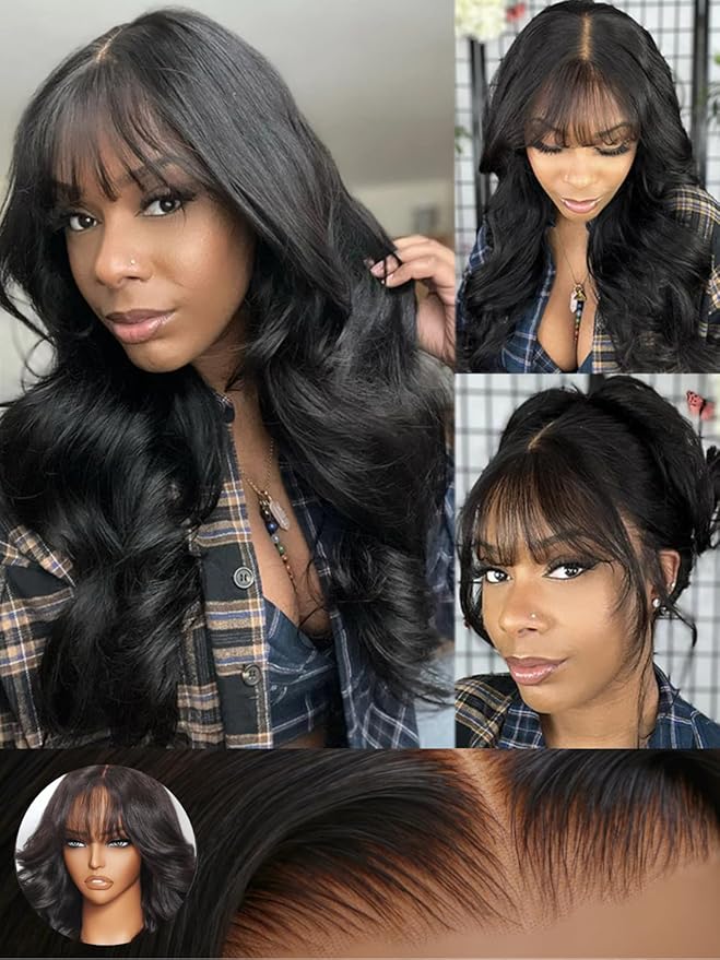 KLAIYI Fluffy Body Wave Curtain Bang Wig Bye Bye Knots Glueless Pre Cut 7x5 Lace Front Wigs Human Hair Loose Wave Pre Bleached Pre Plucked Pre Everything 3S Easy to Wear and Go Wig 180% Density 16Inch