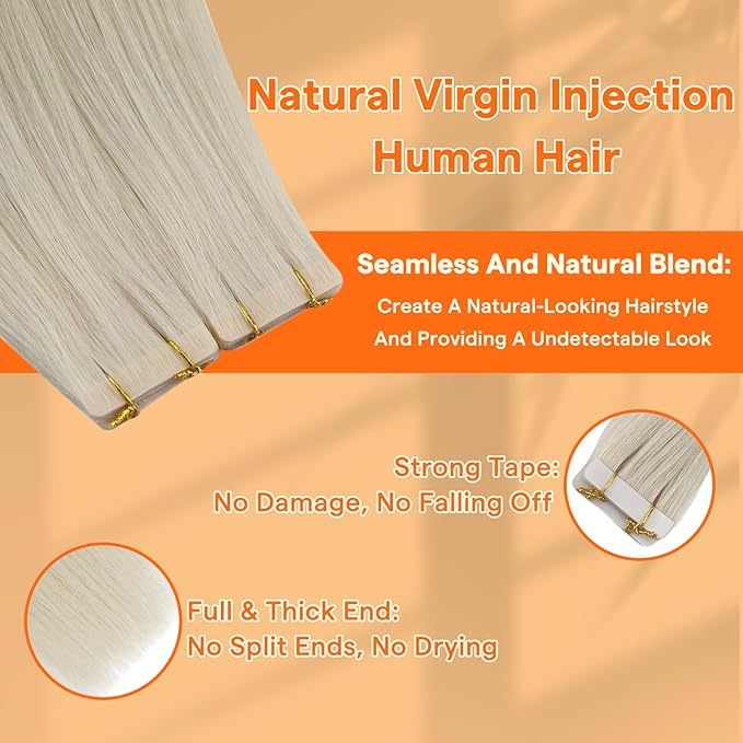 Full Shine Invisible Tape in Hair Extensions Blonde Machine Remy Tape in Extensions 22 Inch Straight Injection Real Human Hair for Women 10Pcs 25G