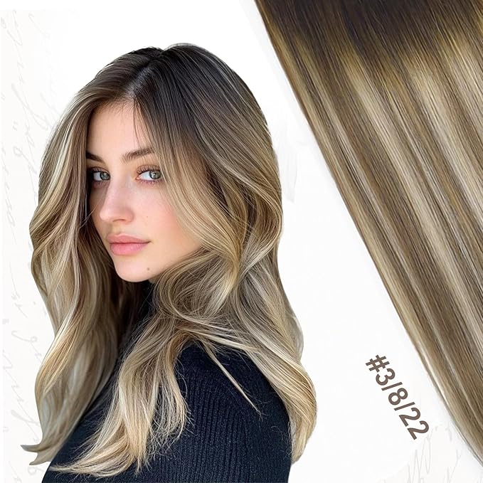 XDhair Clip in Hair Extensions Human Hair 120g 20 Inch 6pcs Balayage Color 3 Darker Brown to 8 Ash Brown and 22 Golden Blonde Double Drown Clip in Hair Extensions(20”, 3/8/22)