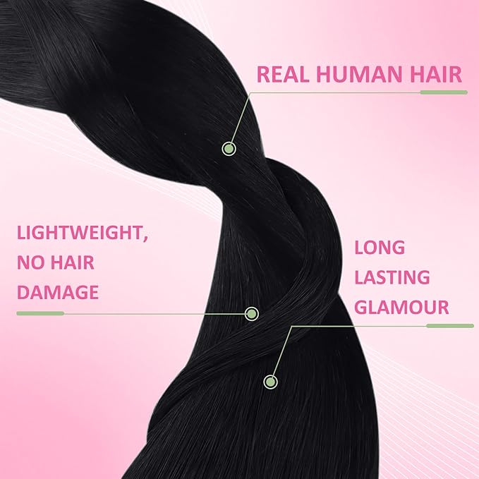 YoungSee Invisible Tape in Hair Extensions Black Tape in Extensions Real Human Hair Jet Black 22 Inch Tapes on Hair Extension 20pcs 50g Real Human Hair Extension Tape-in Long-Lasting Hold Hair