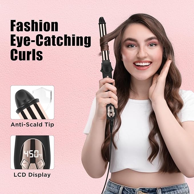 Prizm Nano Titanium Automatic Rotating Curling Iron 1 Inch Worldwide Dual Voltage Curling Wand 11 Temperature Hair Iron Effortless Curls Spinning Barrel LCD Display Negative Ions 360° Swivel Cord