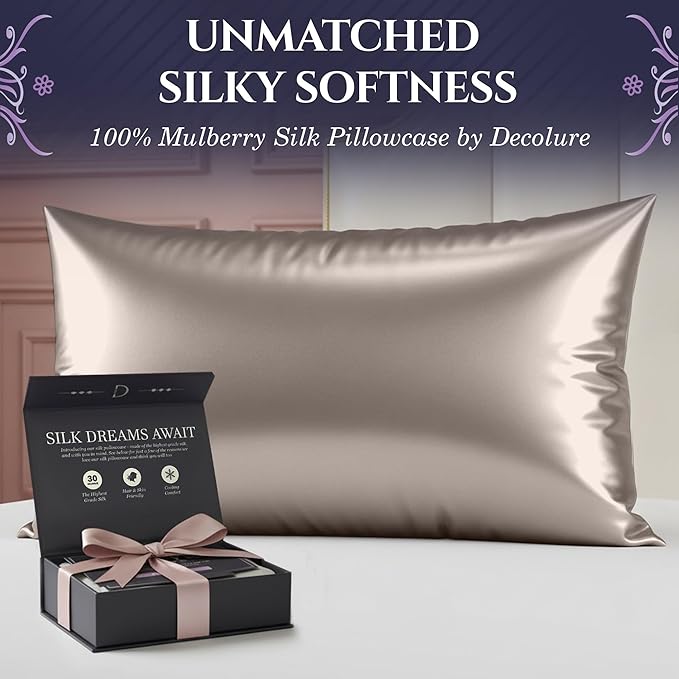 DECOLURE 100% Pure Mulberry Silk Pillow Case Standard Size – High Grade 30 Momme 6A+, Luxuriously Soft & Cooling Silk Pillowcase for Hair & Skin, Hypoallergenic, Breathable, Hidden Zipper (Champagne)