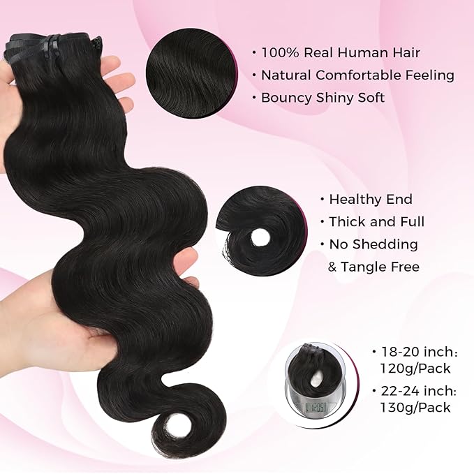 Lashey Seamless Clip in Hair Extensions Human Hair 130g 7pcs Body Wave 22 Inch Natural Black Thick Remy Hair Extensions with Full End
