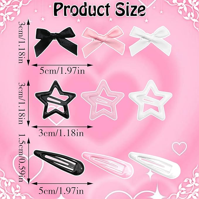 36Pcs Valentine's Day Pink Bow Hair Clips Y2K Star Hair Barrettes for Women Metal Snap Hair Clips Mini Black Satin Hair Bows Water Drop No Slip Hair Pins Accessories for Girls