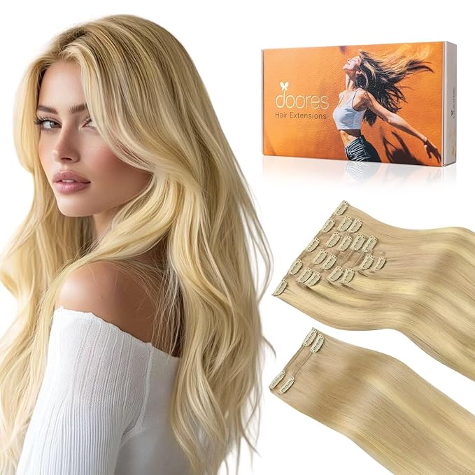 DOORES Clip in Hair Extensions, Dirty Blonde Mixed Platinum Blonde 150g 9pcs 16 Inch, Remy Hair Extensions Clip in Human Hair Extensions Human Hair Natural Silky Straight Thick Hair Extensions