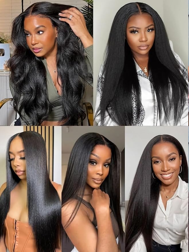 Julia Hair Yaki Straight Pre Cut HD Lace Closure Wigs Human Hair with Elastic Drawstring Glueless Wig Human Hair 7x5 Lace Front Bye Bye Knots Wig Pre Plucked Bleached Knots Natural Hairline 24 Inch