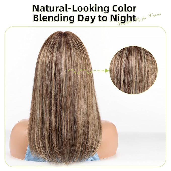 RSY Ombre Brown Mixed Blonde Straight Human Hair Wigs for Women, Shoulder Length and Layered Real Hair Wig with Bangs for Daily Party Use