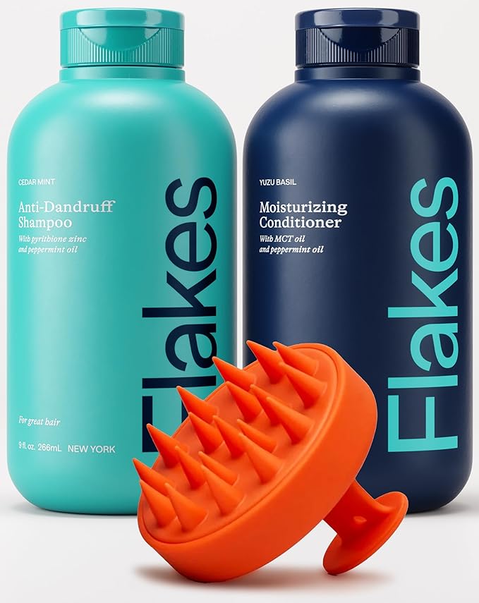 Flakes Anti Dandruff Shampoo and Conditioner Set for Men with Scalp Massager | Dry, Flaky, & Itchy Scalp Shampoo | Sulfate and Paraben Free | Hydrating Shampoo & Moisturizing Conditioner | 9 fl oz