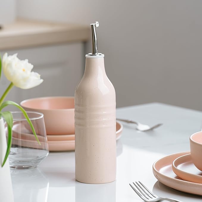 famiware Jupiter 16oz Ceramic Olive Oil Dispenser Bottle, Olive Oil and Vinegar Dispenser Bottle Set of 2 with Stainless Steel Pourers, Suitable for Storage Vinegar, Liquids, Light Pink