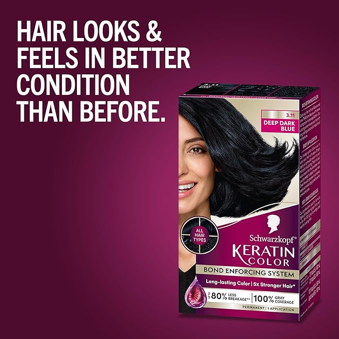 Schwarzkopf Keratin Permanent Hair Dye Cream, 3.11 Deep Dark Blue, Professional Quality Color for Up to 100% Gray Coverage, Bond Enforcing System (Pack of 2)