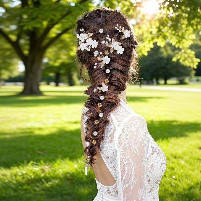 15Pcs Pearl Wedding Hair Pins Set, Floral Bridal Hair Clips with Gold Leaves, Vintage Hair Jewelry for Women Bridesmaids Flower Girls Wedding Hairstyles Accessories (Gold)